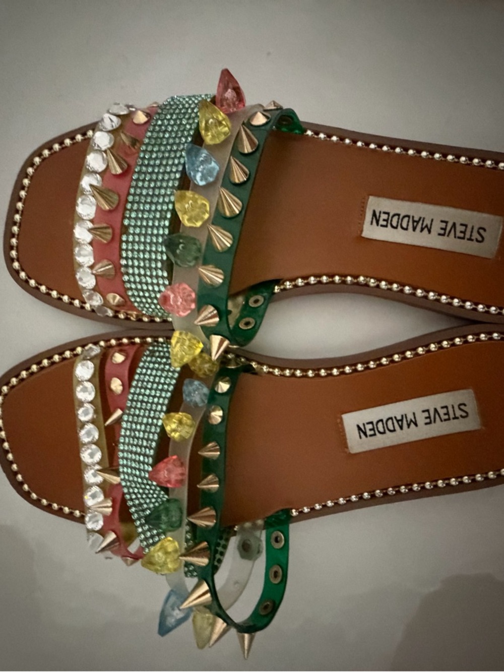 Steve Madden Green Multicolor Jeweled Spike Slide Sandals